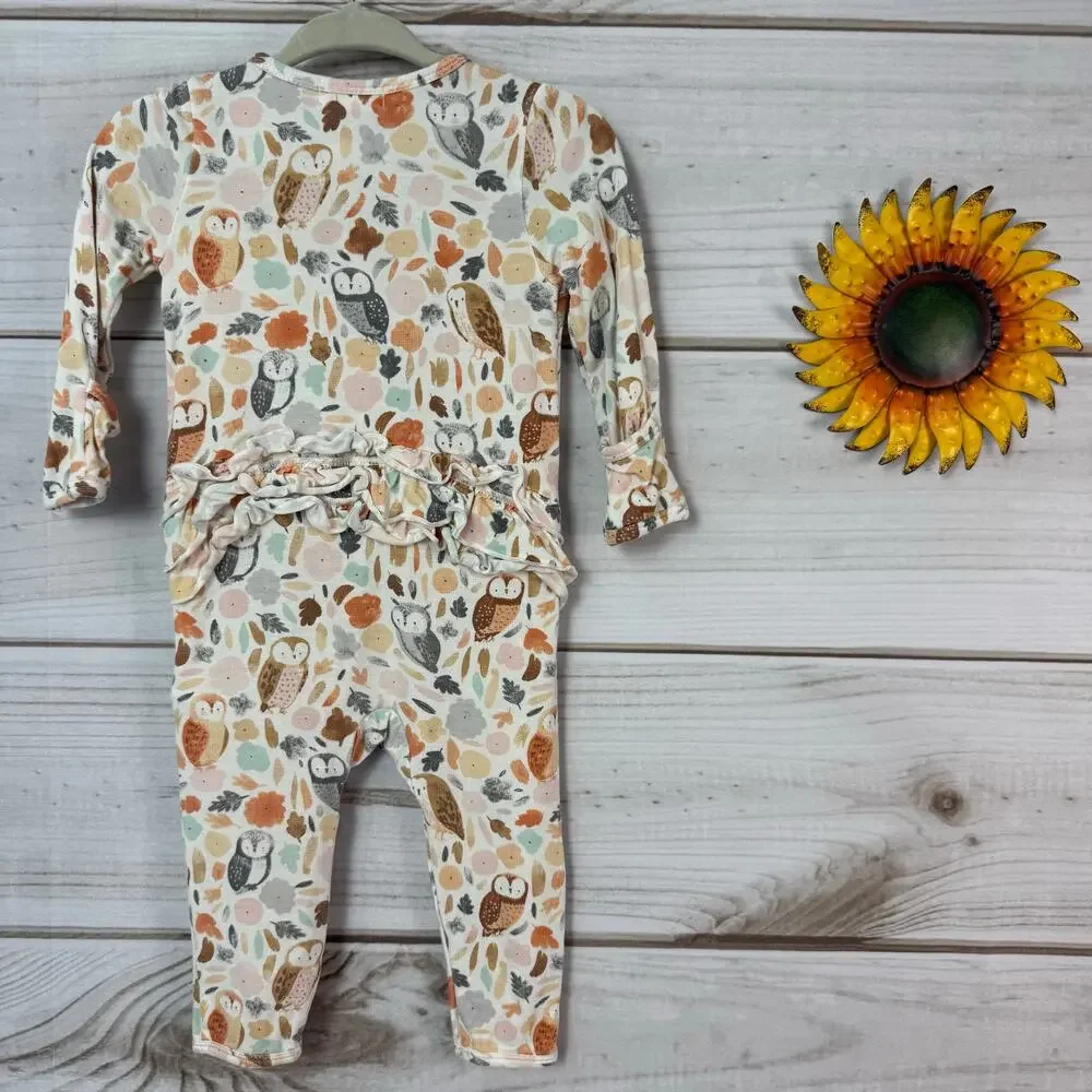 angel dear autumn owls bamboo‎ ruffle romper 3-6M
